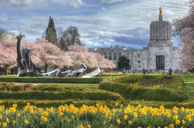 Stylized photo of Oregon State Capitol building