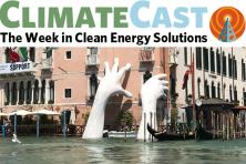 ClimateCast logo over Lorenzo Quinn's sculpture of hands reaching out of Venice lagoon