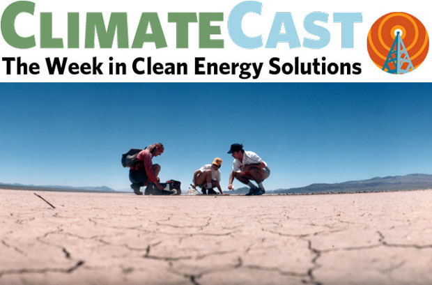 ClimateCast logo over scientists on dry California ground