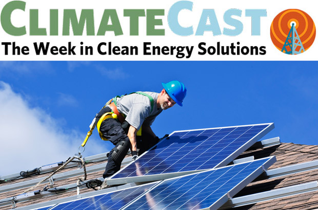 ClimateCast logo over photo of solar installer