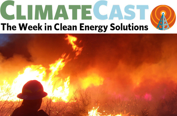 ClimateCast logo over firefighter silhouetted by flames