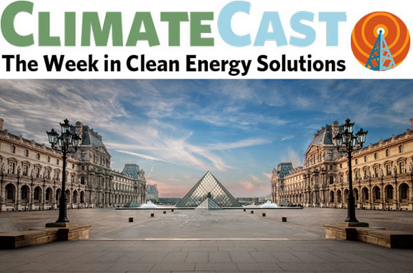 ClimateCast logo over Louvre pyramid and its plaza, Paris