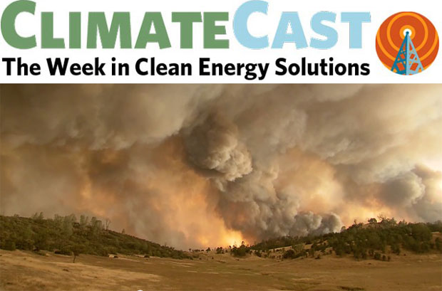 ClimateCast logo over California wildfire
