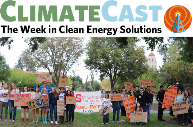 ClimateCast logo over photo of Stanford divestment demonstrators