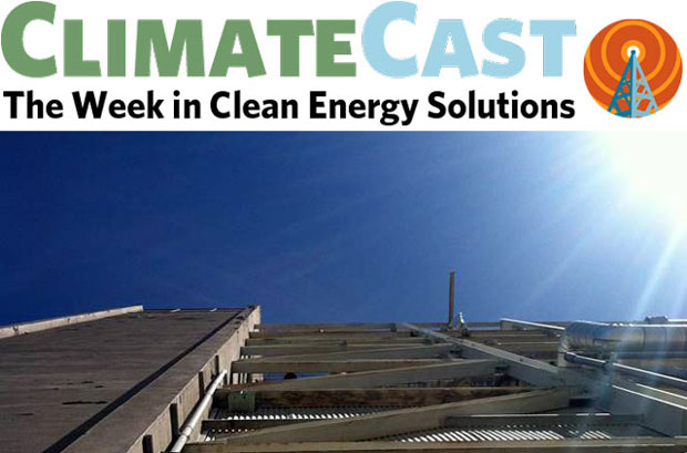 ClimateCast logo above sunburst and power plant superstructure
