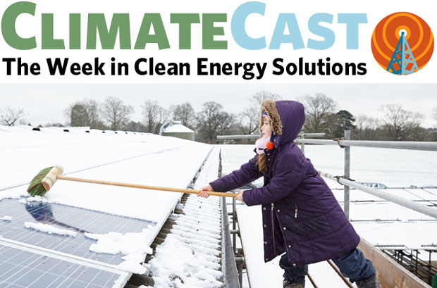 ClimateCast logo over girl brushing snow off PV panels