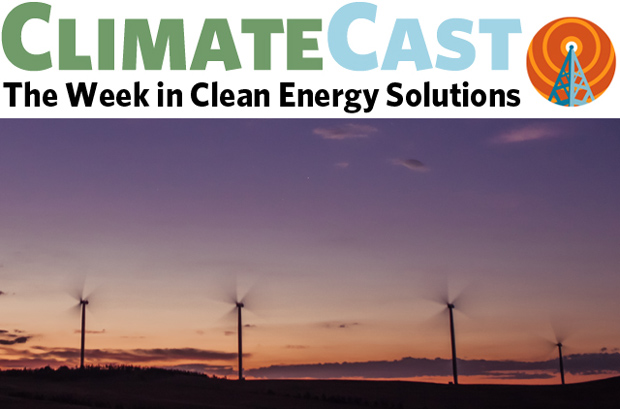 ClimateCast logo over silhouetted windfarm