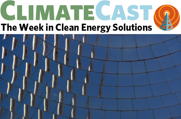 ClimateCast logo over section of concentrating solar collector