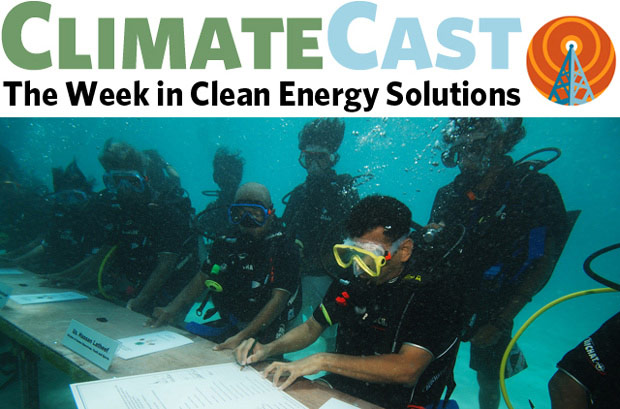 ClimateCast logo over Maldives cabinet underwater meeting