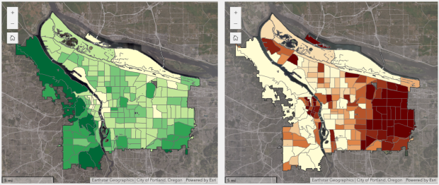 Map of Portland's tree canopy and heat islands