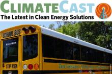Climate cast header photo of an electric school bus