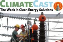 ClimateCast Logo over linemen working at substation