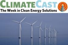 ClimateCast logo over offshore wind farm