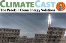 ClimateCast logo over Spanish solar power plant