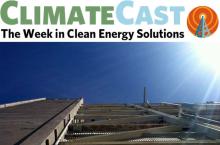 ClimateCast logo above sunburst and power plant superstructure