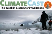 ClimateCast logo over icy Antarctic inlet