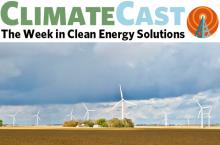 ClimateCast logo above wind turbines on the Minnesota horizon
