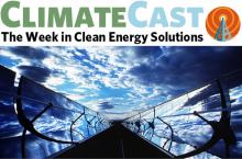 ClimateCast logo above photo of concentrating solar collectors