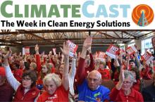 ClimateCast logo over citizens at Millennium coal export hearing