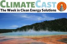 ClimateCast logo over Geyser Basin, Yellowstone National Park