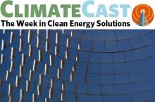 ClimateCast logo over section of concentrating solar collector