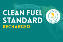 background gas pump behind clean fuel standard recharged text overlay